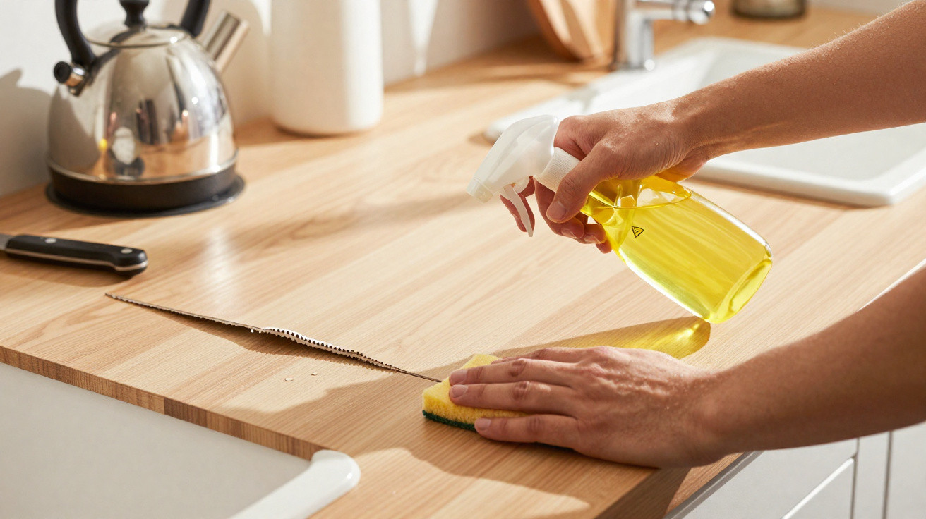 Pessoa limpando bancada de madeira com esponja e spray de limpeza amarelo na cozinha.