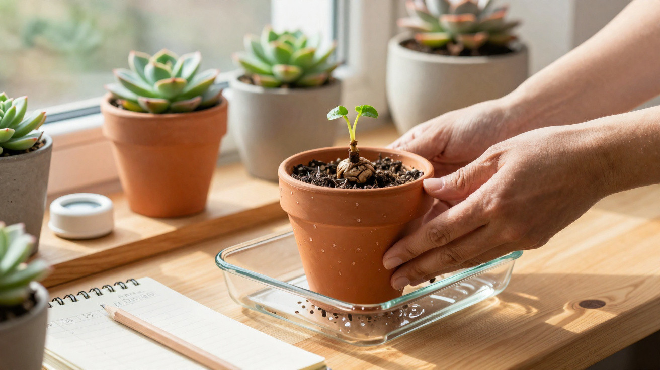 Mãos movimentando vaso de planta pequena em vaso de barro sobre recipiente de vidro numa mesa de madeira.
