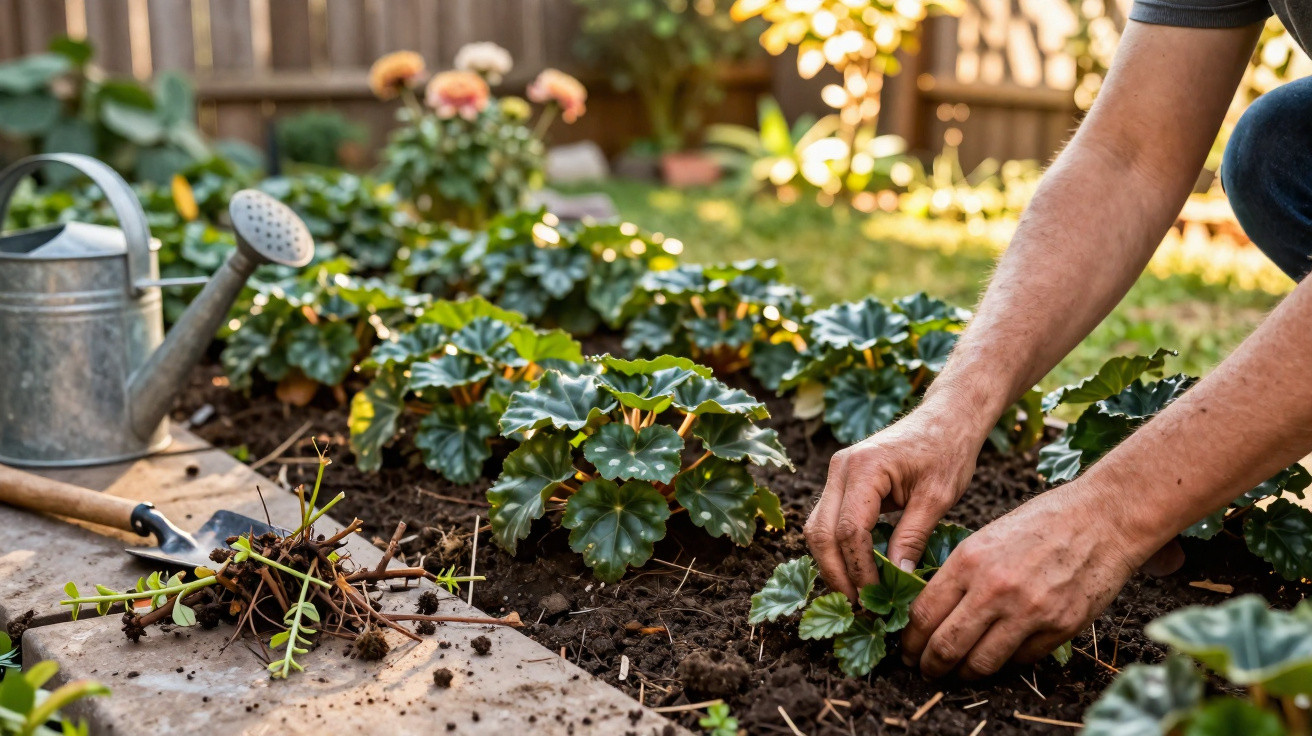 Pessoa plantando mudas em jardim com regador e ferramenta de jardinagem ao lado