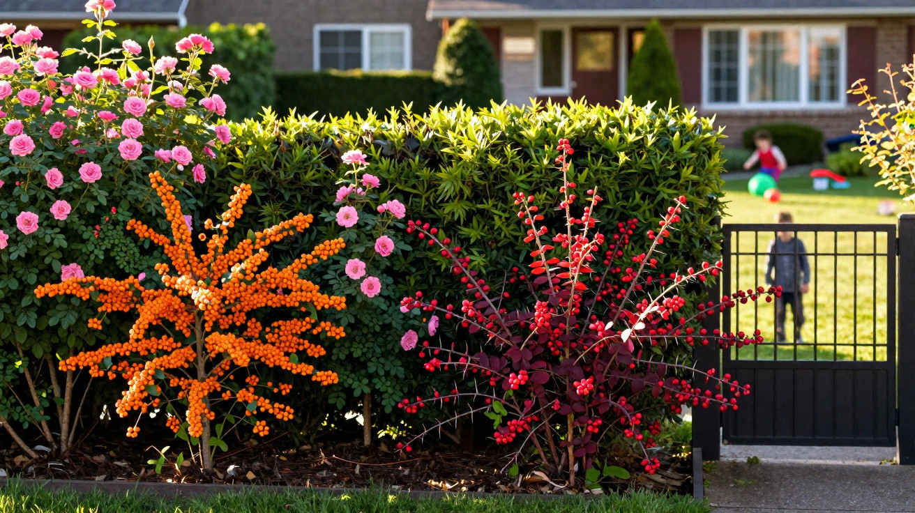 Jardim com arbustos floridos e frutas alaranjadas e vermelhas, com casa e crianças ao fundo.
