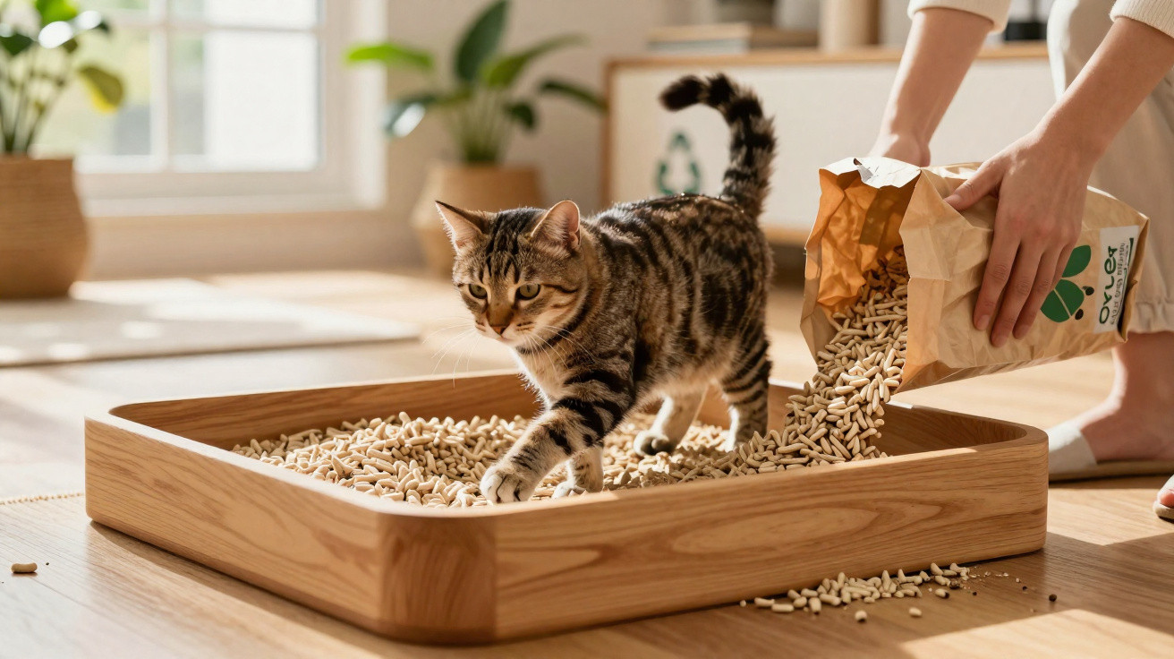 Gato andando em caixa sanitária de madeira com pellets enquanto pessoa acrescenta mais material.
