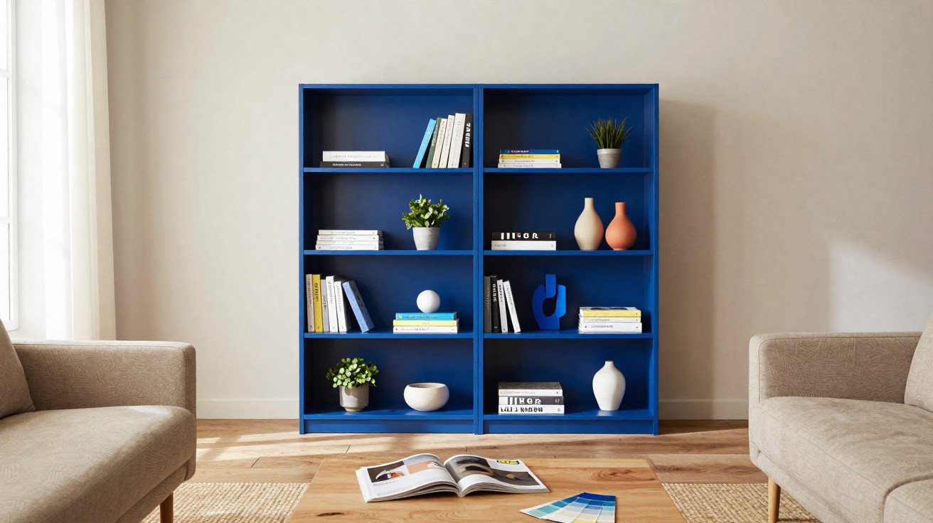 Estante azul com livros, vasos e plantas em sala com dois sofás beges e mesa de madeira clara.
