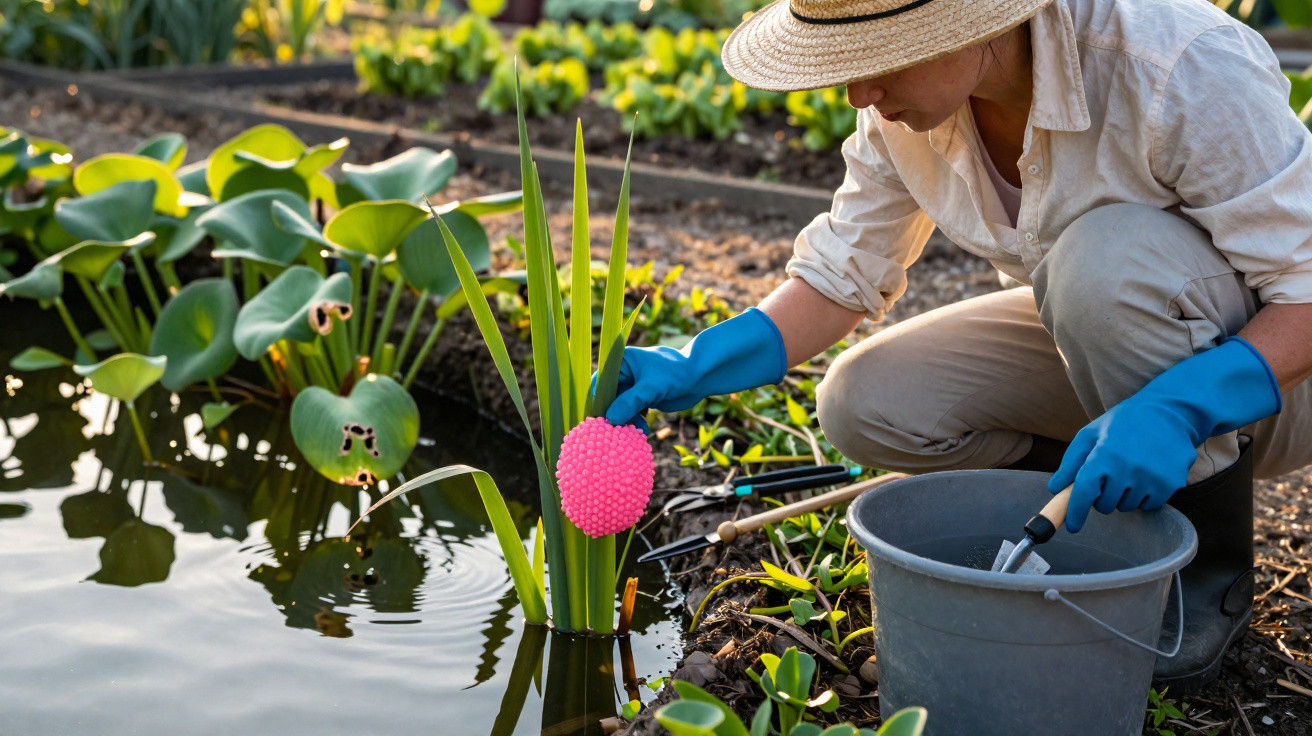 Pessoa com chapéu e luvas azuis cuidando de plantas aquáticas em lagoa de jardim, segurando ferramenta de jardinagem.