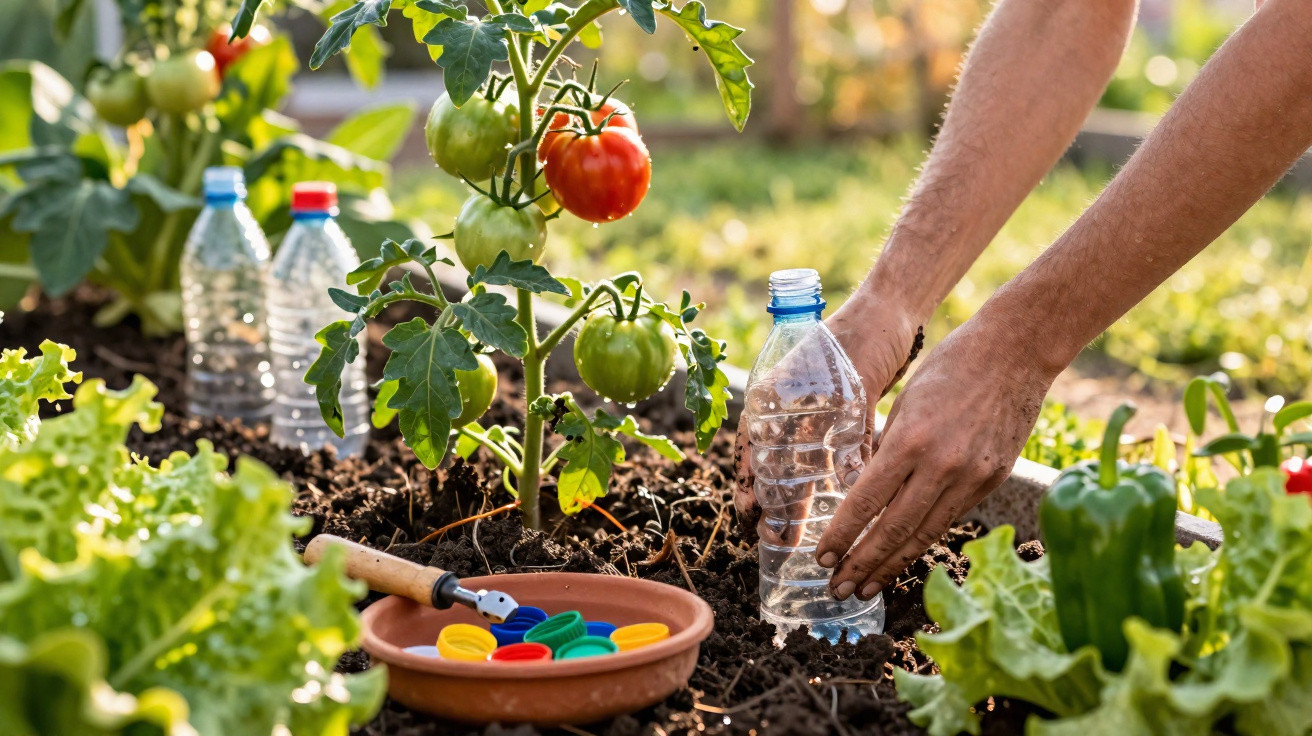 Mãos regando planta de tomate com garrafa PET em horta com alface e pimentão ao redor.