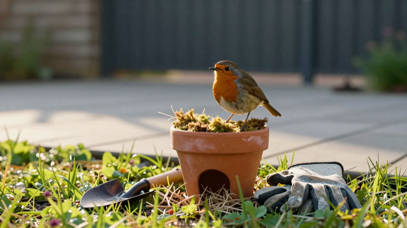 Pássaro com peito alaranjado em vaso de planta cercado por pá e luvas de jardinagem na grama.
