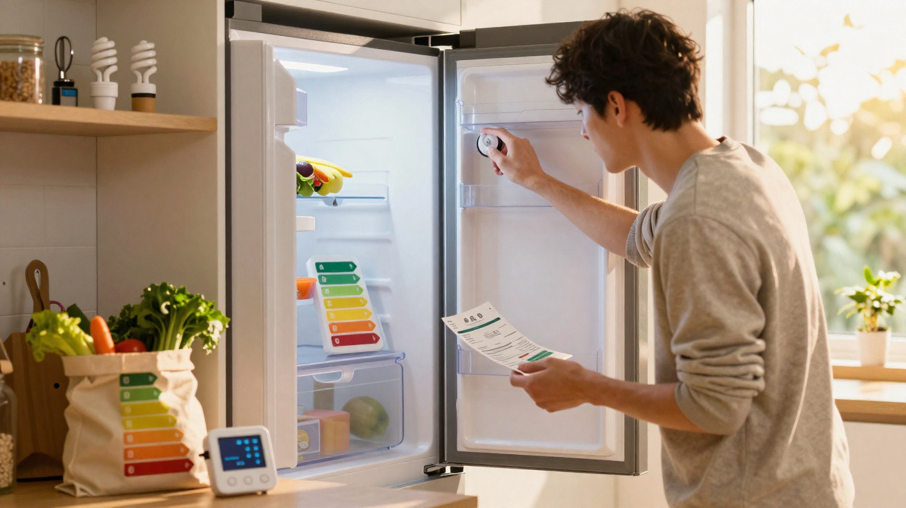 Pessoa ajustando a temperatura da geladeira aberta, segurando guia de eficiência energética em cozinha iluminada.