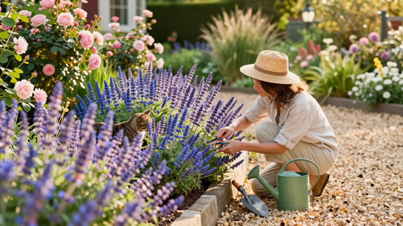 Mulher cuidando de flores roxas e rosas em jardim, com gato e regador ao lado.