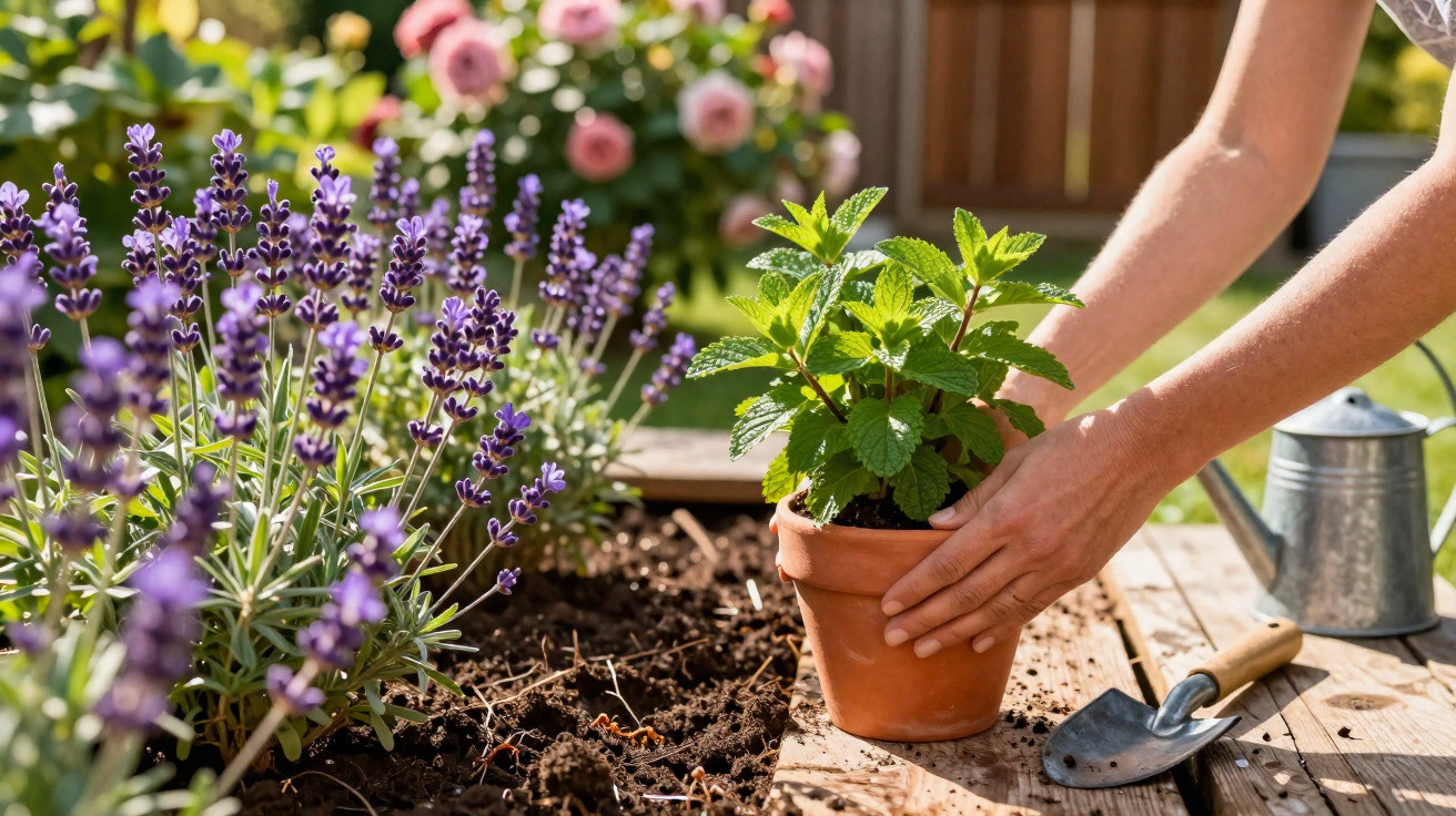 Pessoa plantando erva em vaso de barro no jardim com flores lilás e rosas ao fundo.