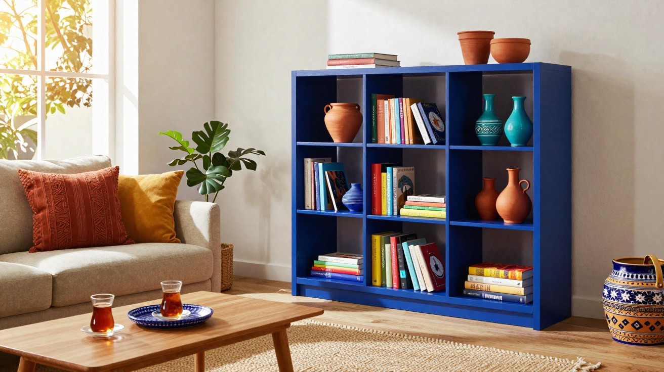 Estante azul com livros e vasos decorativos em sala iluminada com sofá, almofadas e mesa com copos de chá.