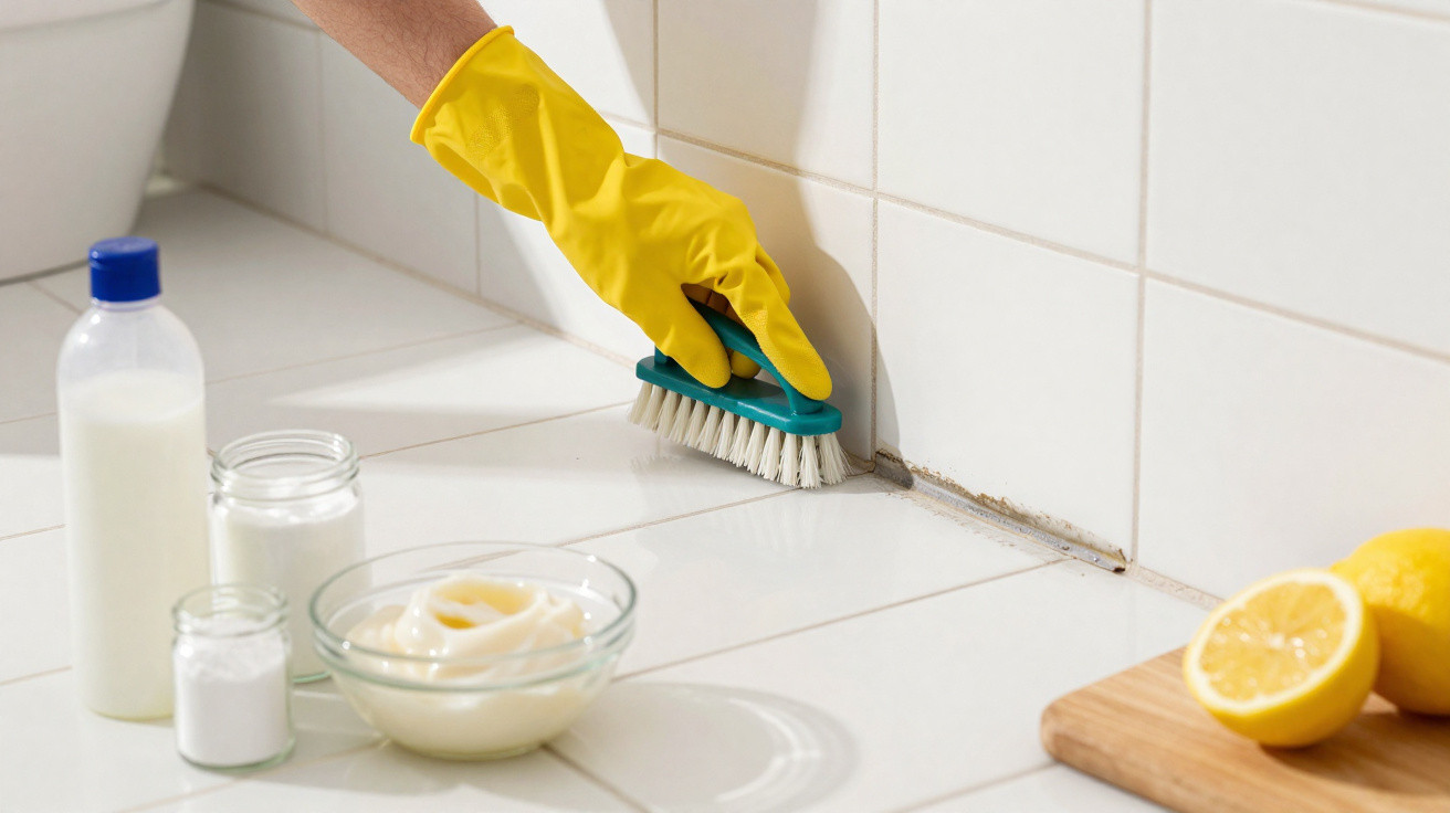 Mão com luva amarela limpando rejunte de azulejo com escova, perto de ingredientes naturais para limpeza.
