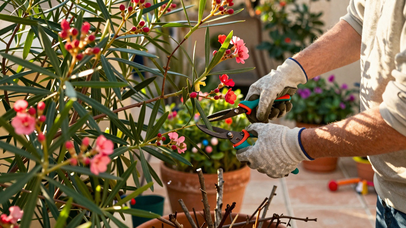 Pessoa com luvas usando tesoura de poda para cortar galho de planta com flores rosas em vaso.