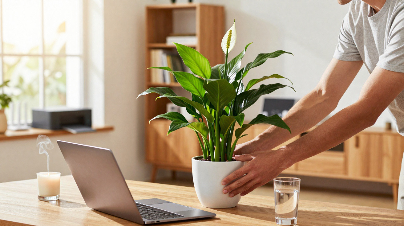 Pessoa colocando planta em vaso branco sobre mesa com notebook, copo d'água e vela acesa em ambiente iluminado