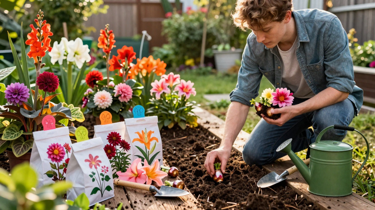 Jovem plantando flores coloridas em canteiro no jardim, com regador e ferramentas ao lado.