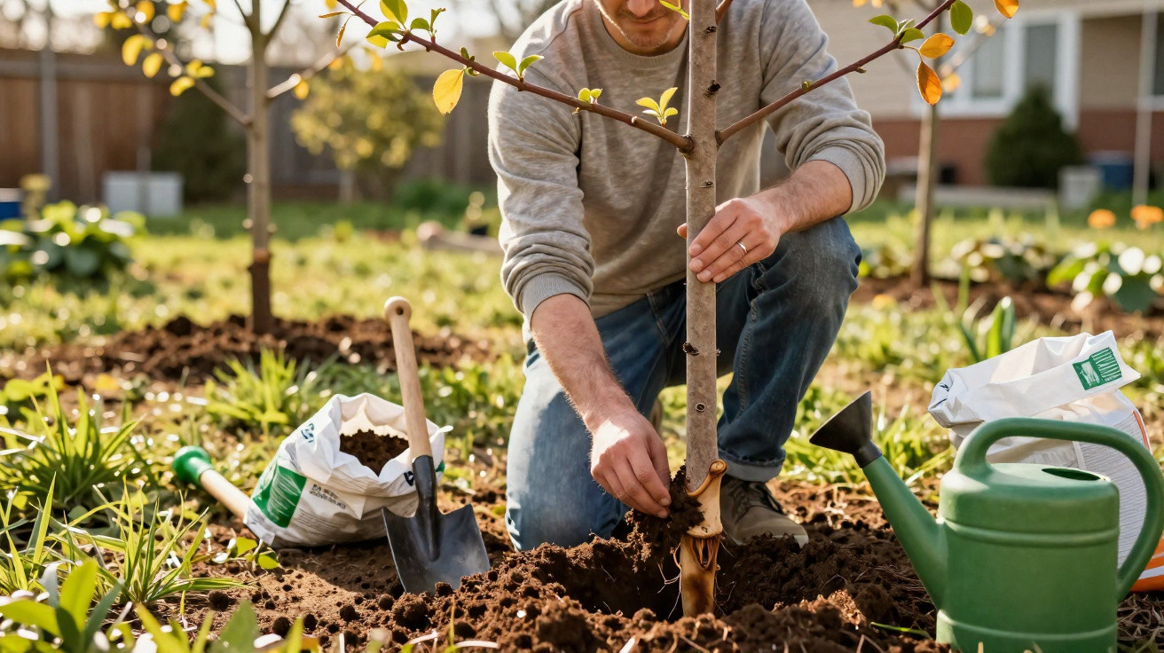 Pessoa plantando árvore jovem no jardim com regador, pá e saco de terra ao redor.