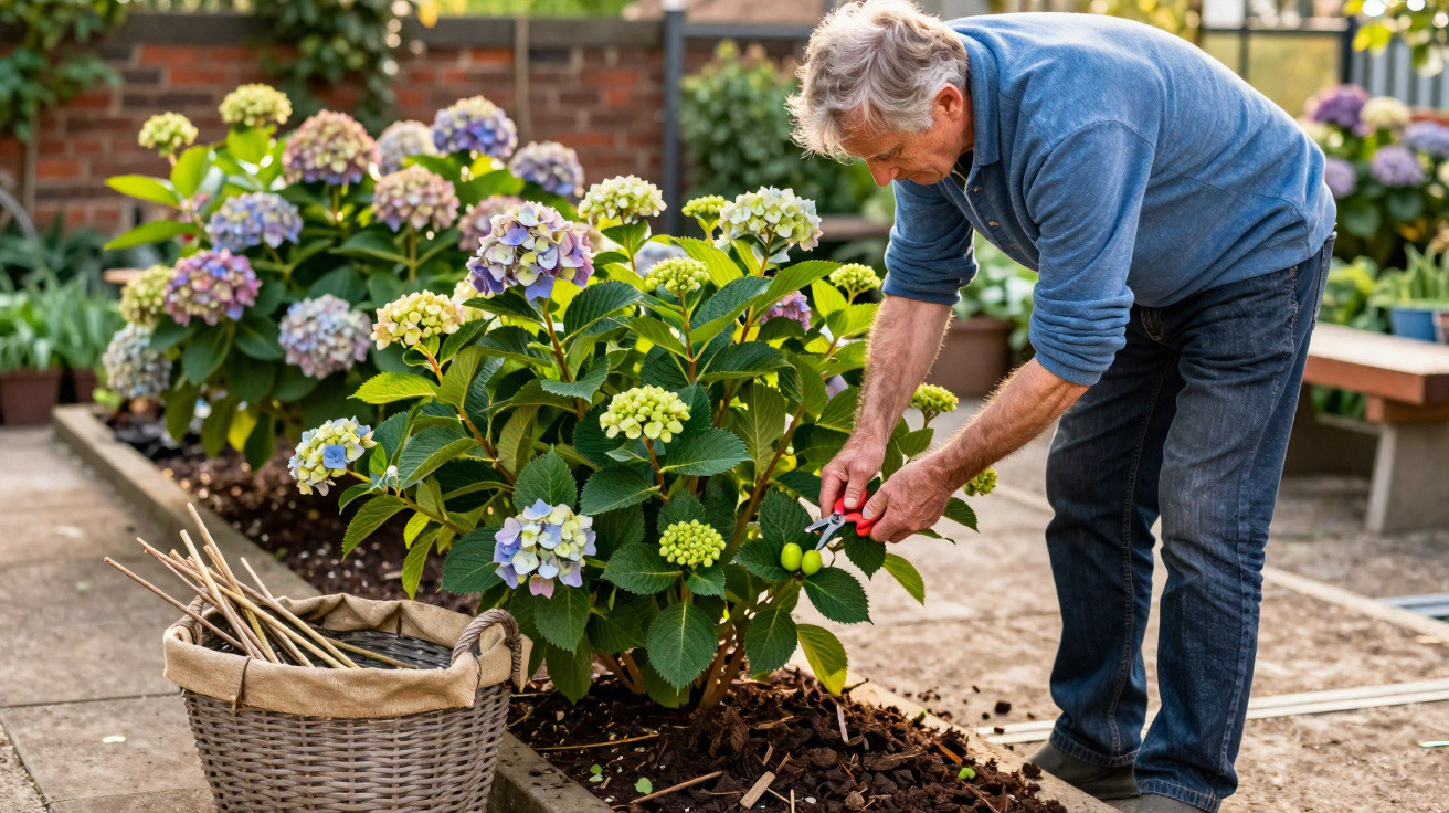 Homem idoso cuidando de plantas com flores hortênsias em um jardim ao ar livre.