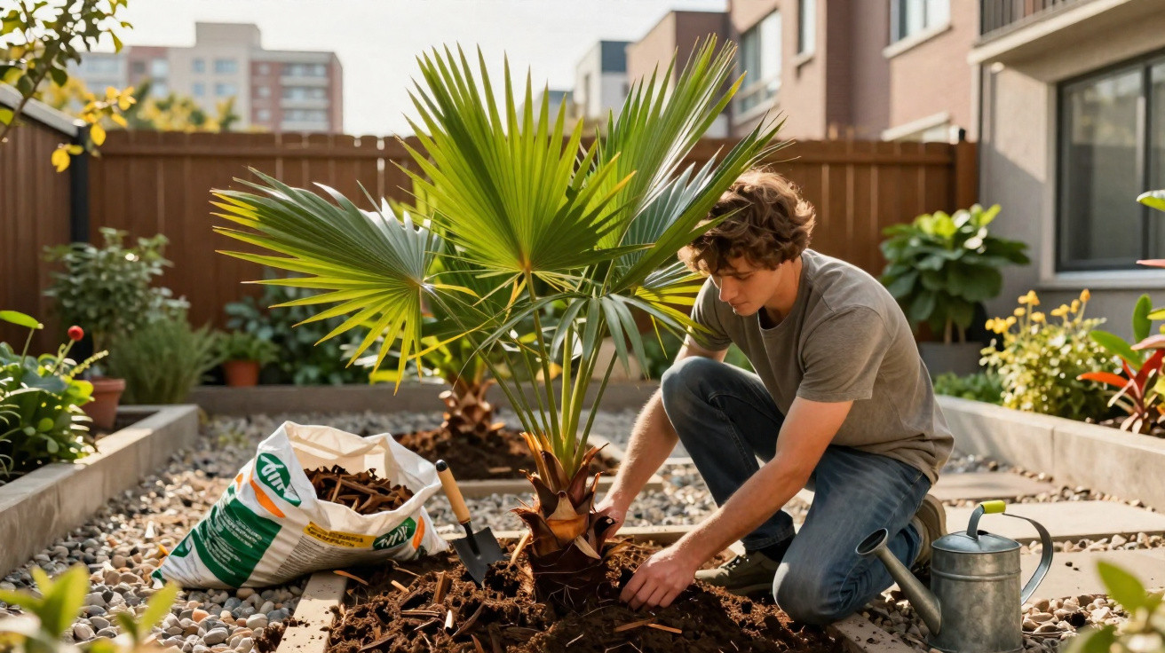 Jovem plantando palmeira em jardim de casa, com regador e saco de adubo ao lado.