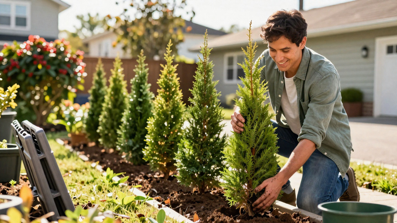 Jovem sorridente plantando árvore em canteiro perto de casas em dia ensolarado.
