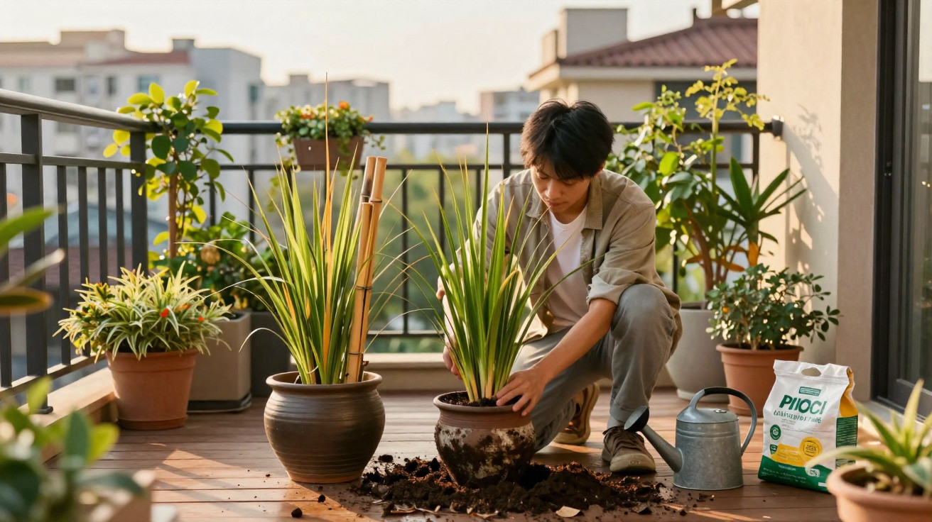 Jovem cuidando de plantas em vasos no chão de varanda com terra espalhada e regador ao lado.