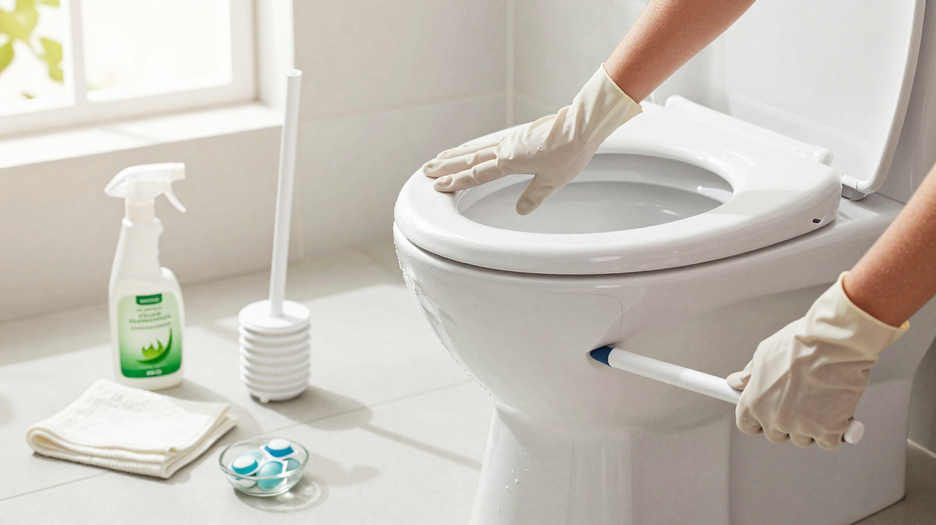 Pessoa usando luvas de borracha limpando vaso sanitário com escova, ao lado produtos de limpeza e toalha.