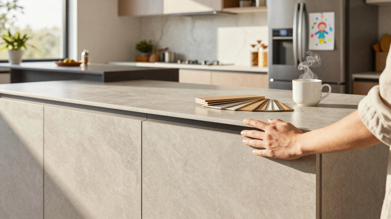 Mão tocando bancada cinza fosca em cozinha moderna, com amostras e xícara de café com vapor.