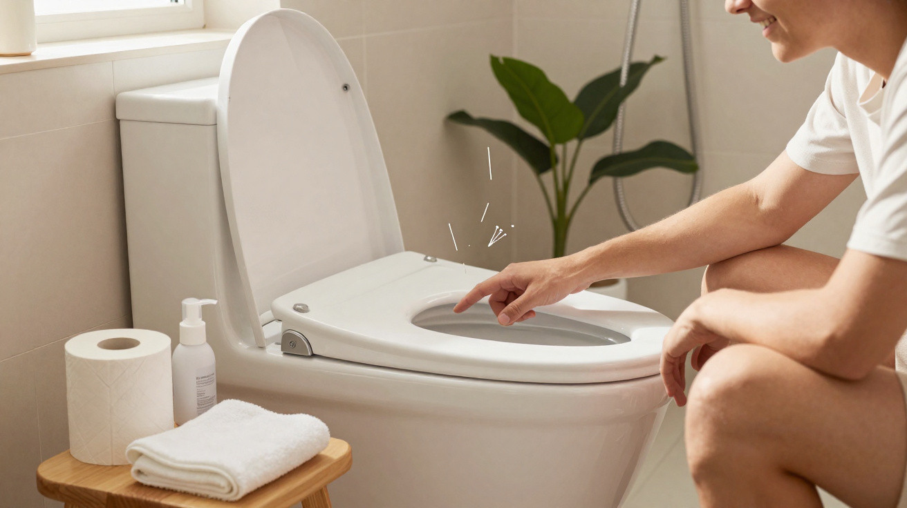 Pessoa apertando botão de descarga em banheiro moderno com toalha, papel higiênico e planta ao fundo.