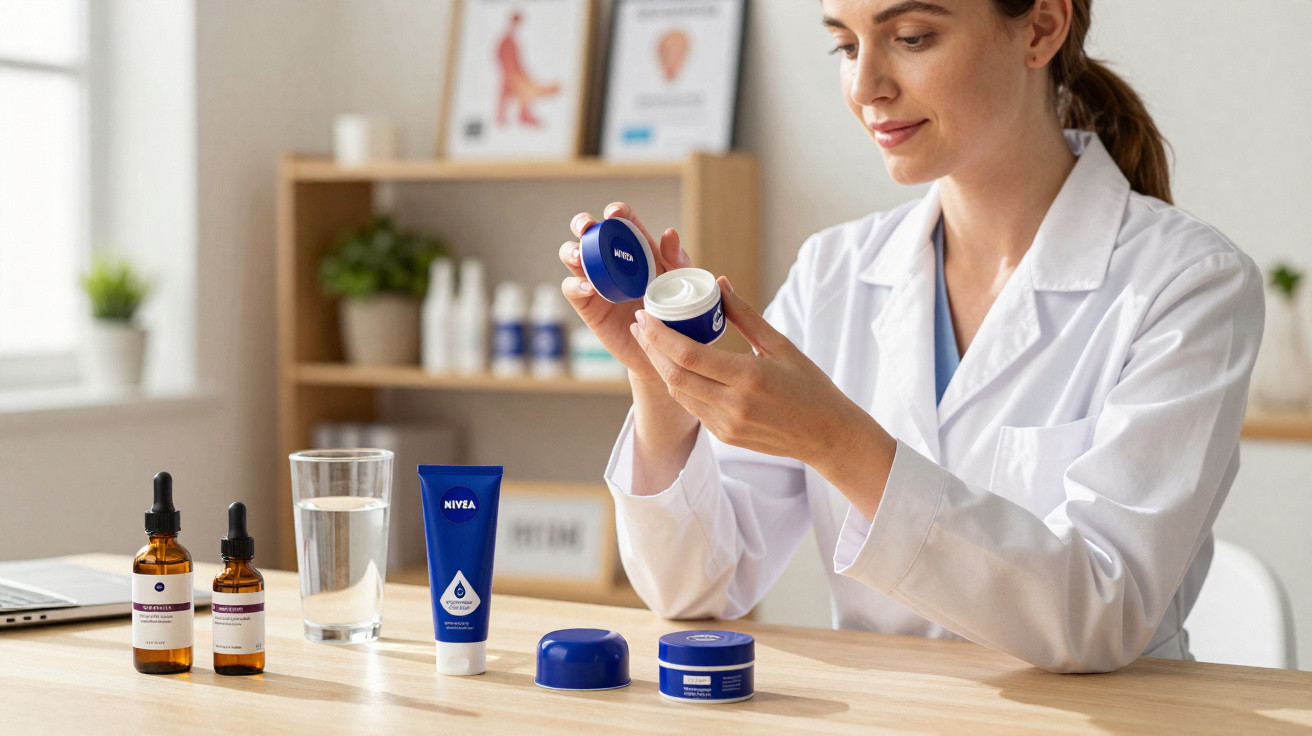 Mulher de jaleco segurando pote de creme Nivea em mesa com produtos de cuidados com a pele.
