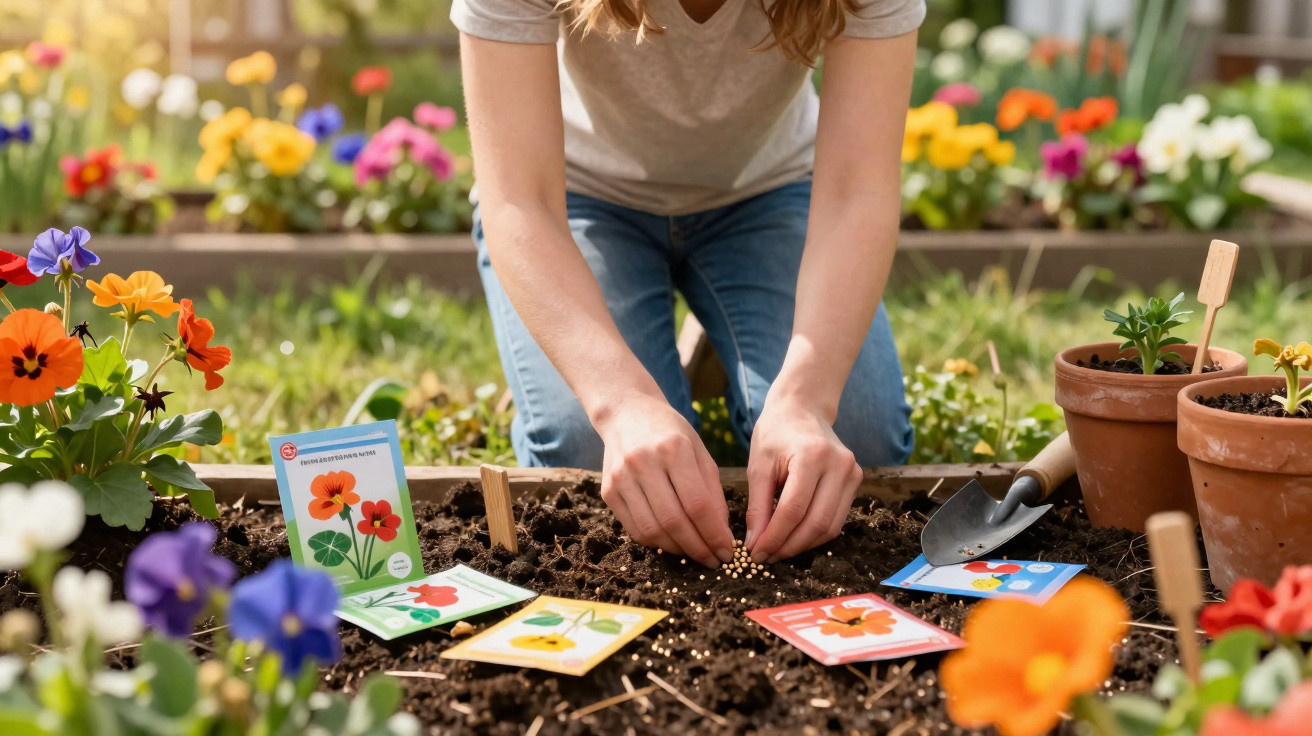 Pessoa plantando sementes em jardim com flores coloridas e pacotes de sementes ao redor.