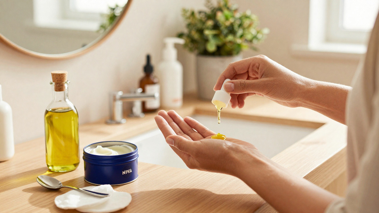 Pessoa aplicando óleo nas mãos com cosméticos naturais ao fundo em bancada de madeira.