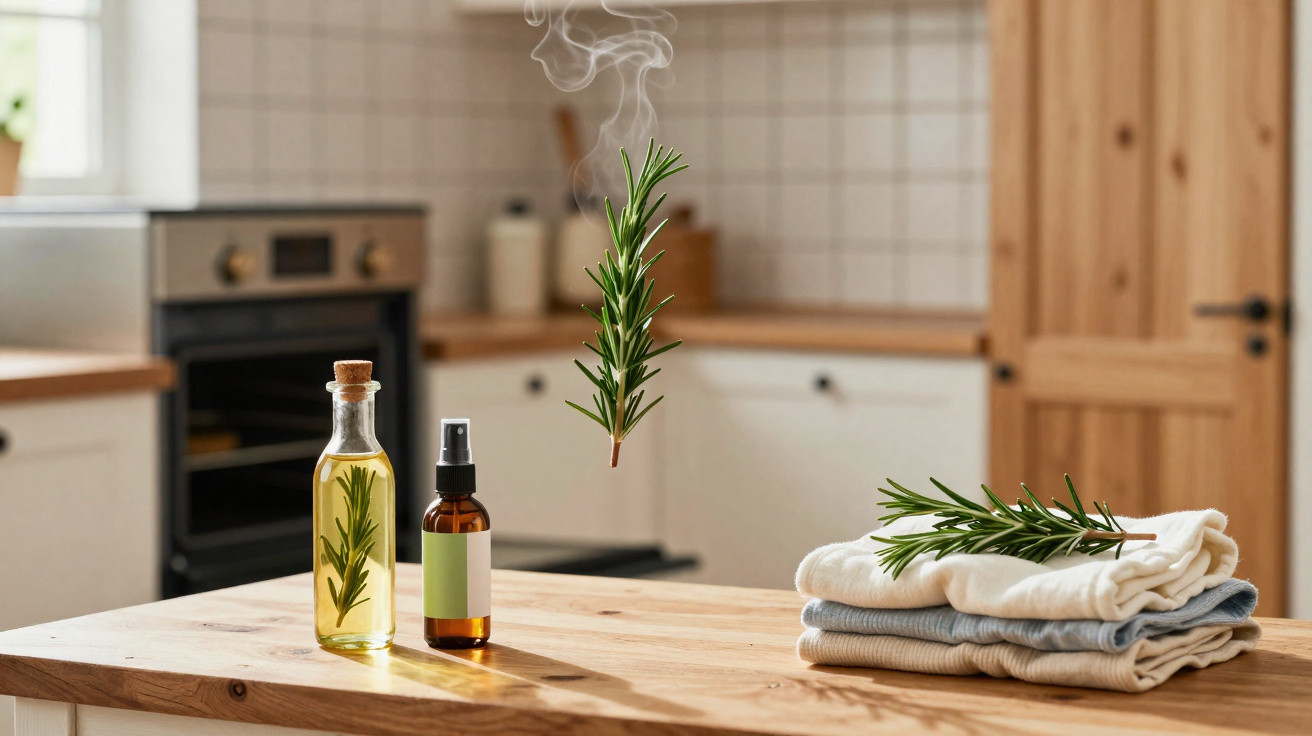 Ramo de alecrim flutuando com vapor e frascos aromáticos sobre mesa de madeira em cozinha moderna.