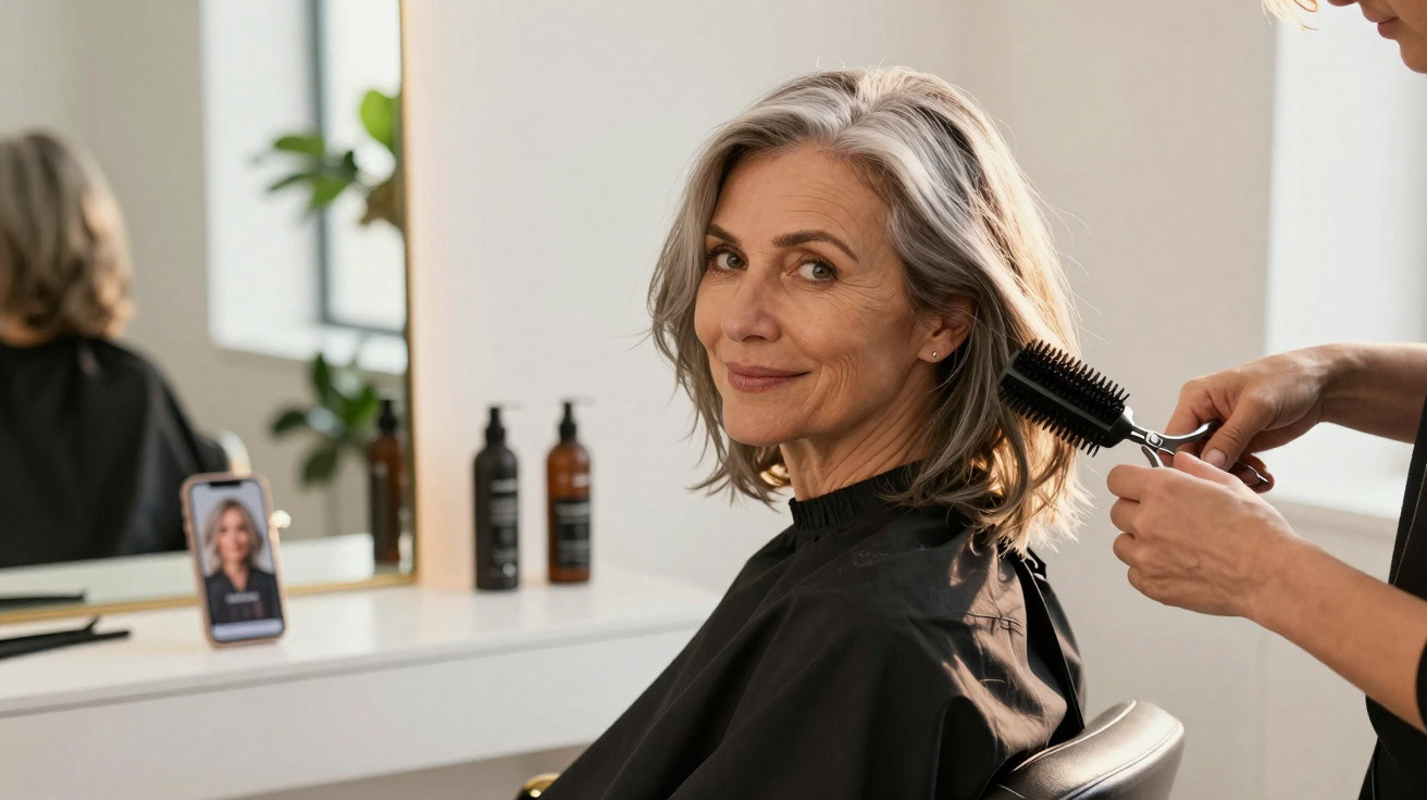 Mulher madura sorrindo enquanto recebe escovação de cabelo em salão de beleza moderno.