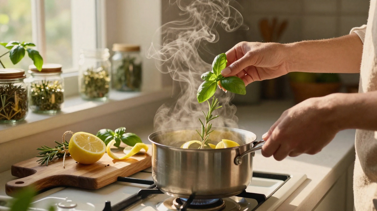 Pessoa adiciona ervas frescas em panela com limão e vapor no fogão na cozinha iluminada pela manhã.