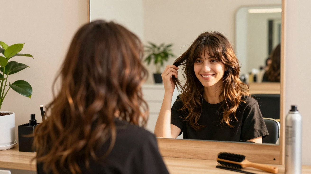 Mulher sorrindo olhando para o cabelo em um espelho sobre uma penteadeira com objetos de beleza.