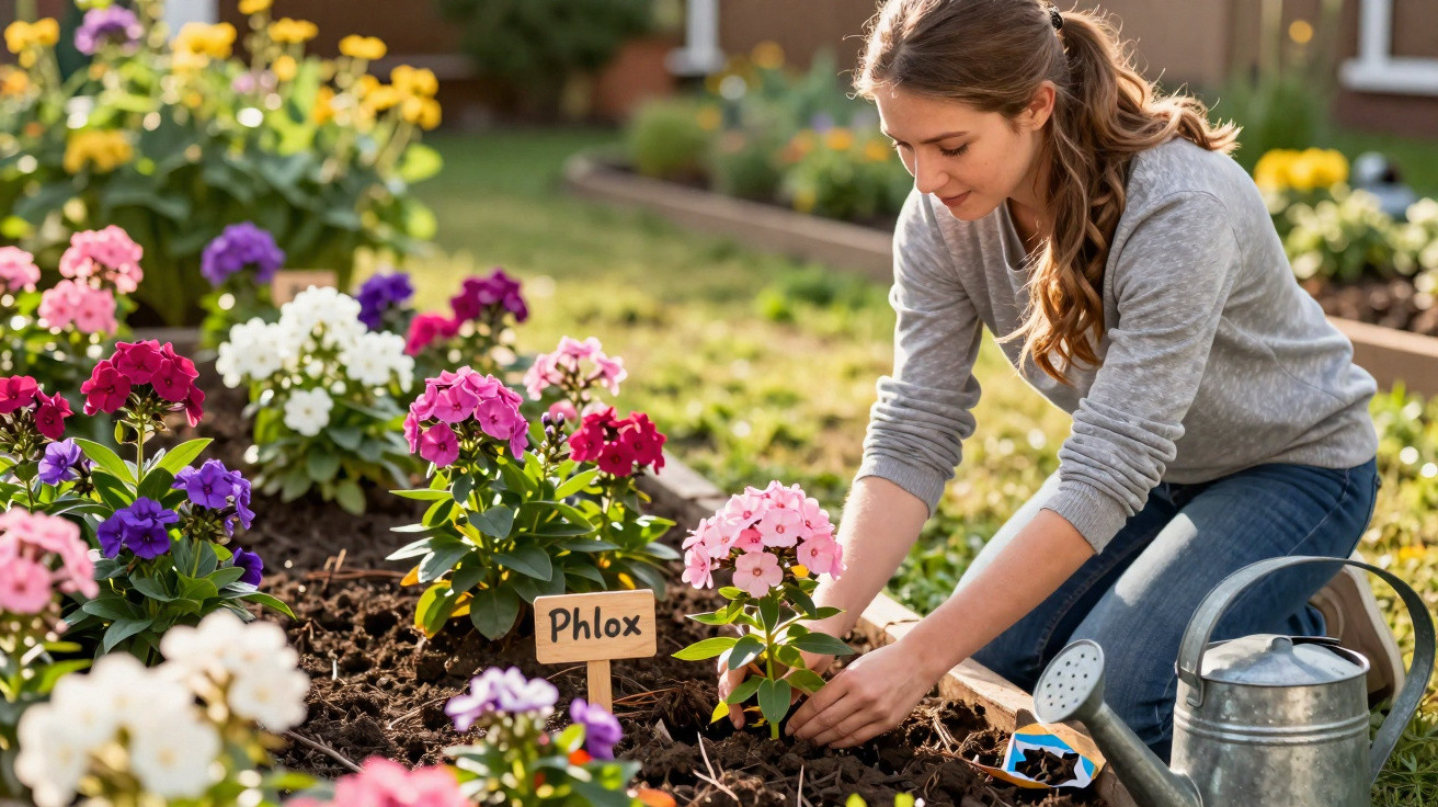 Mulher cuidando de flores phlox coloridas em um jardim ensolarado, com regador ao lado.