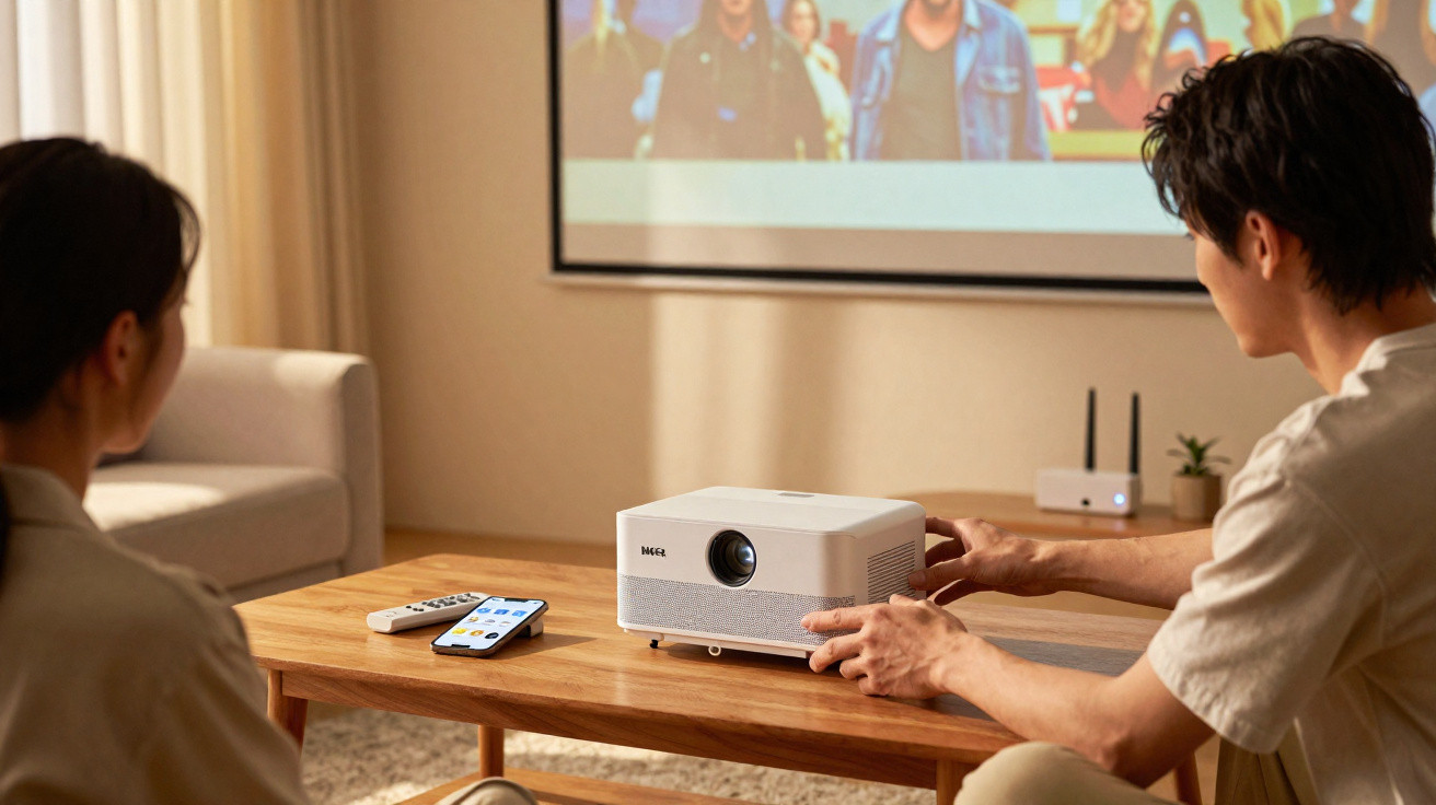 Casal assistindo filme em casa com projetor branco sobre mesa de madeira na sala.