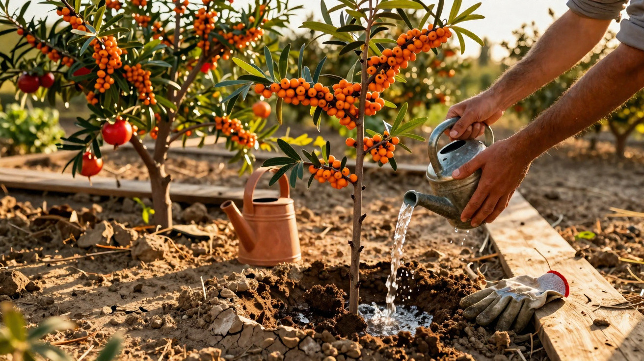Pessoa rega muda de planta com frutos laranja em jardim ao ar livre em dia ensolarado.