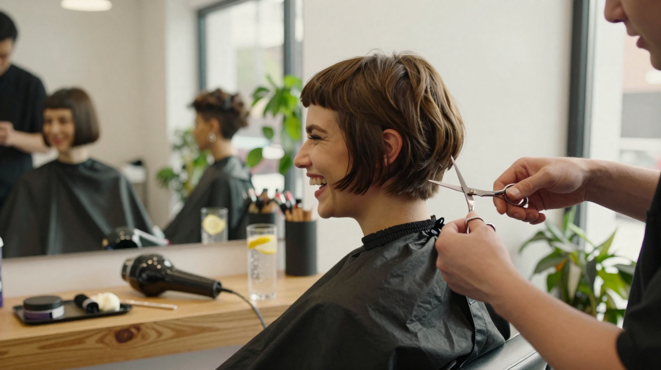 Mulher sorridente recebendo corte de cabelo em salão de beleza moderno, com espelho e produtos ao fundo.