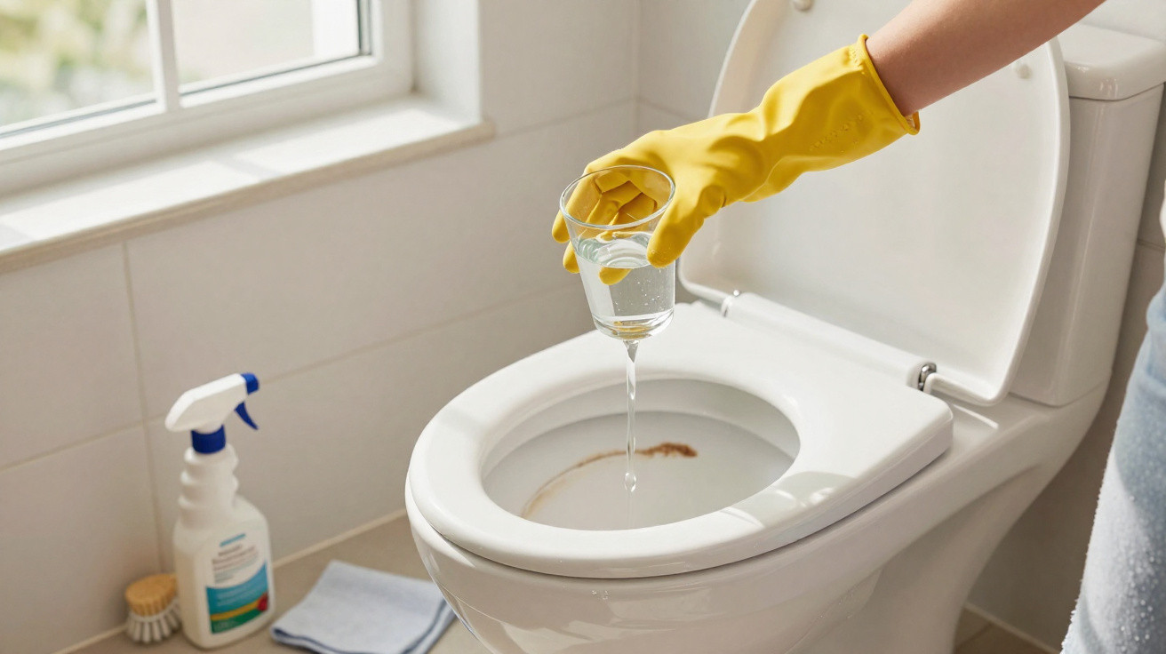 Pessoa com luva amarela jogando líquido de copo para limpar vaso sanitário branco em banheiro iluminado.