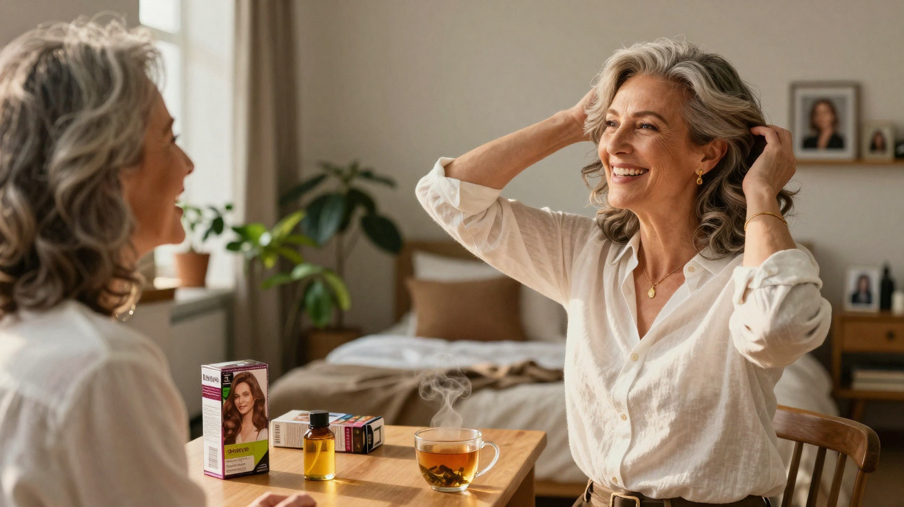 Mulher madura sorrindo e olhando no espelho em quarto com chá quente e produtos sobre mesa de madeira.