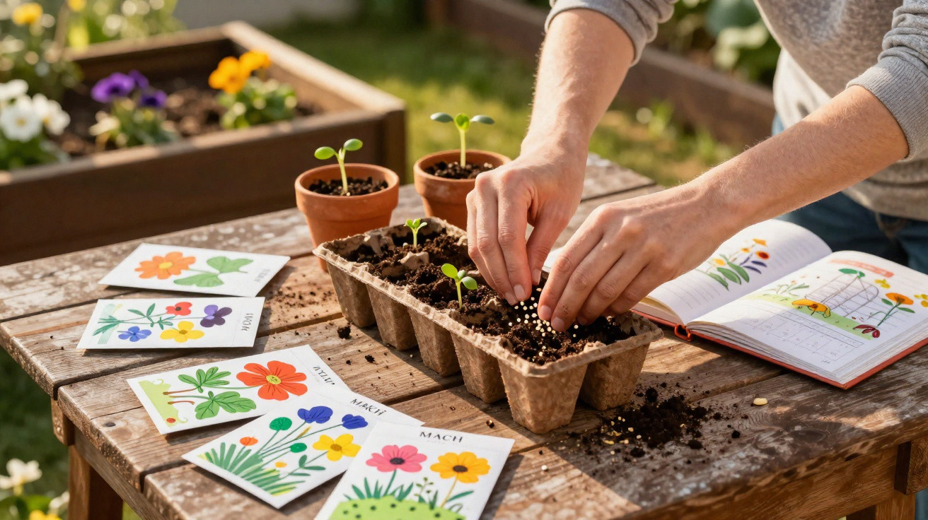 Mãos plantando sementes em vasos com terra, cartões de flores e livro aberto sobre mesa de madeira no jardim.