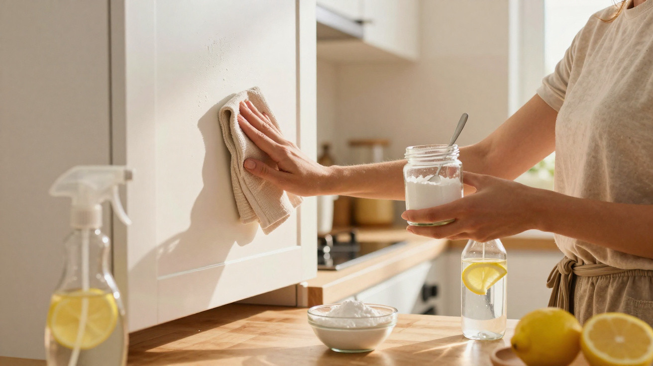 Pessoa limpando armário branco de cozinha com pano e bicarbonato de sódio em vidro, perto de spray com limão.