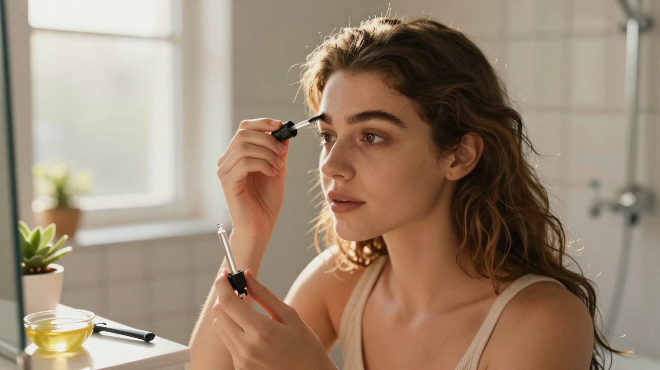 Mulher aplicando máscara de cílios em um banheiro iluminado pela luz natural.