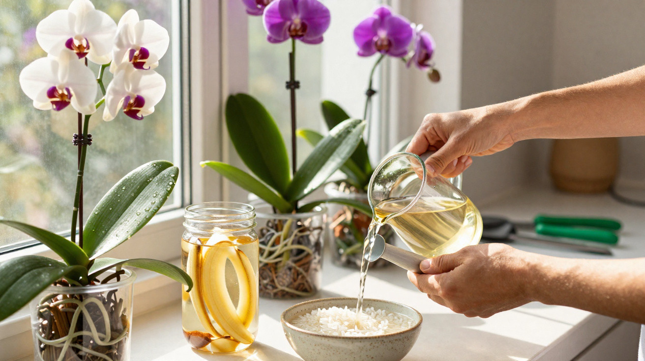 Mãos regando orquídea com regador transparente ao lado de jarra com limão e outras orquídeas na janela.
